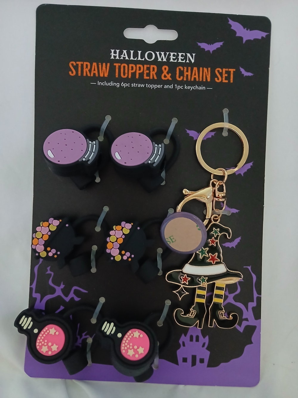 Halloween Straw Topper & Chain Set 7 PCs Witch Hat Potion Crystal Ball